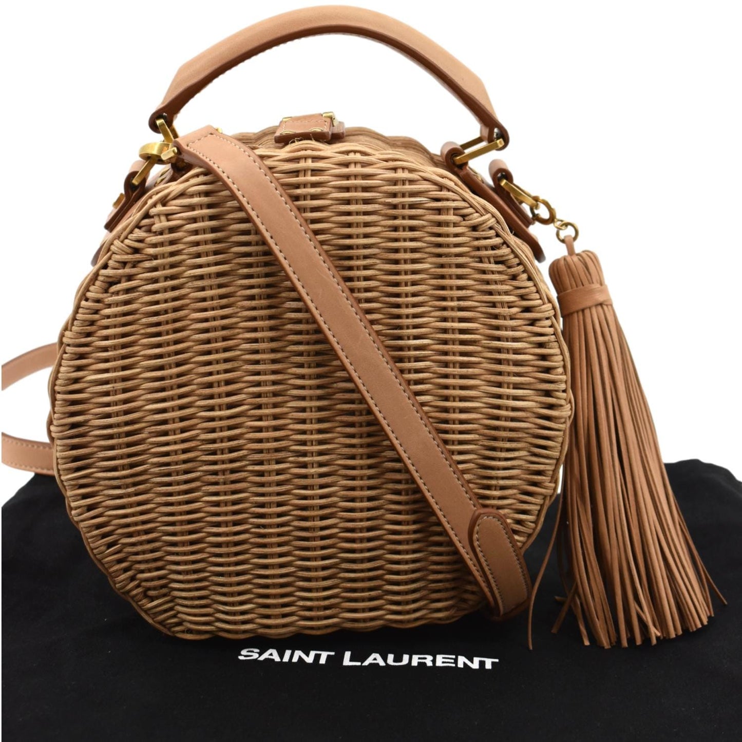 SAINT LAURENT Mica Wicker Leather Crossbody Bag Beige