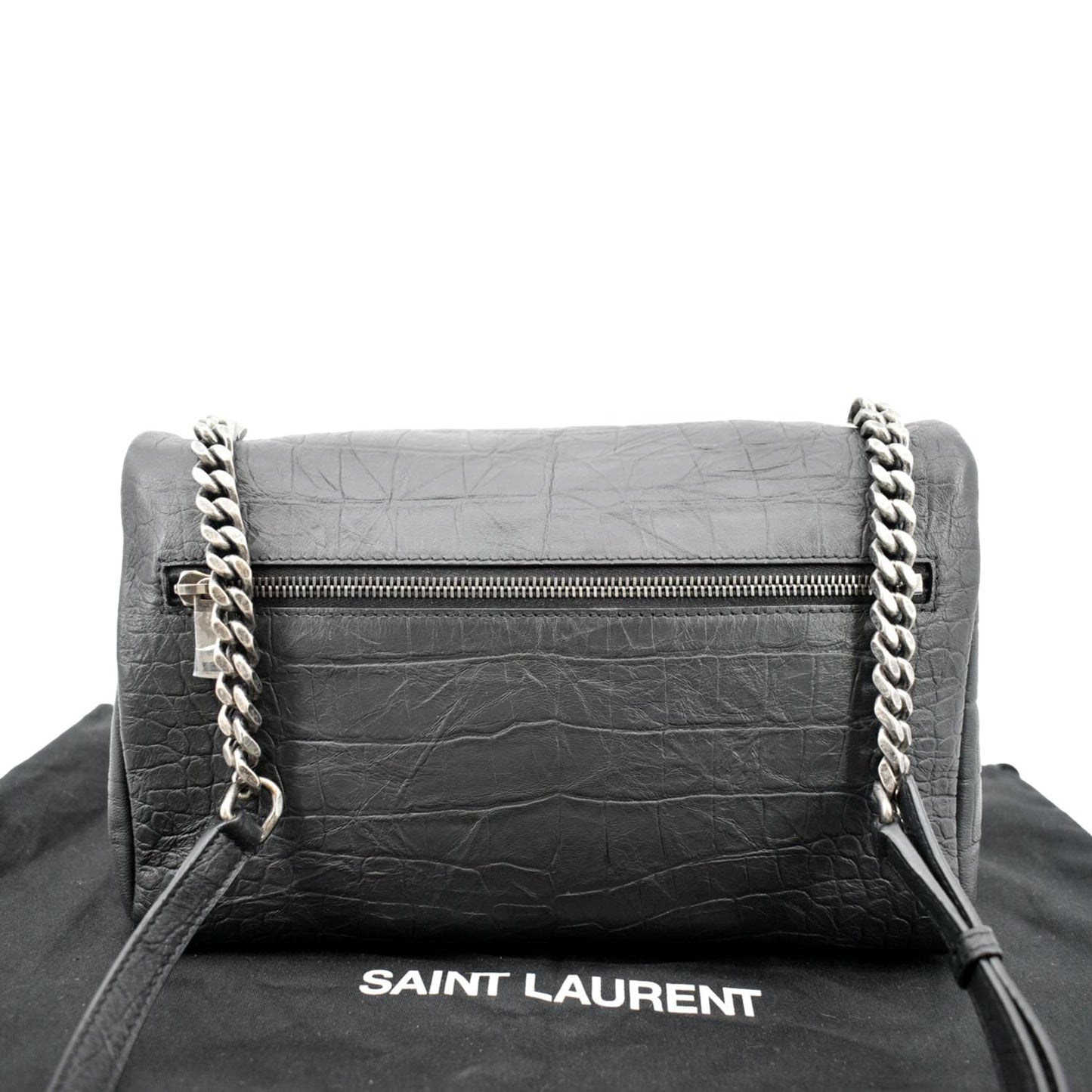 SAINT LAURENT West Hollywood Fold-Over Croc Embossed Crossbody Bag Black