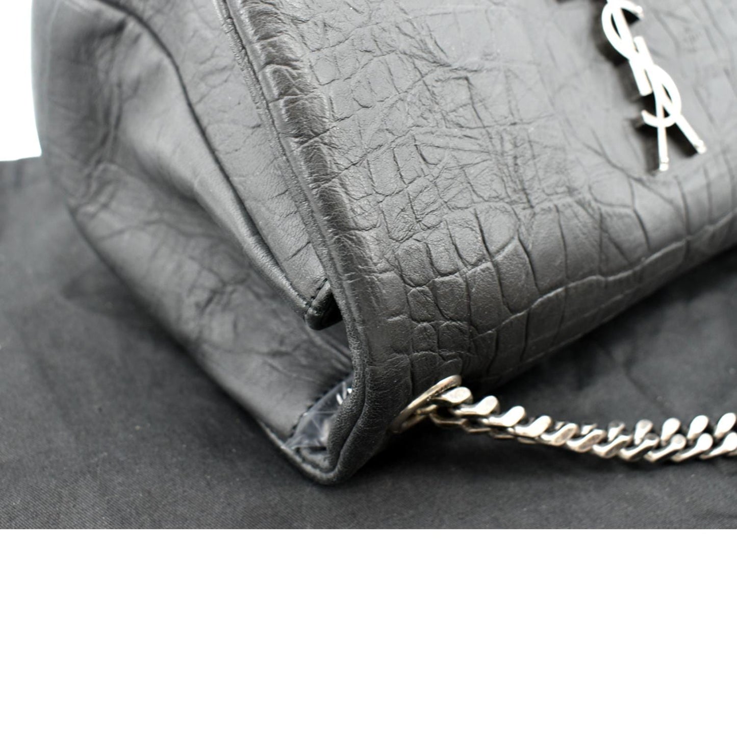 SAINT LAURENT West Hollywood Fold-Over Croc Embossed Crossbody Bag Black