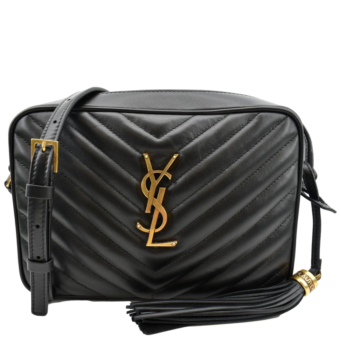 SAINT LAURENT Lou Chevron Leather Camera Crossbody Bag Black