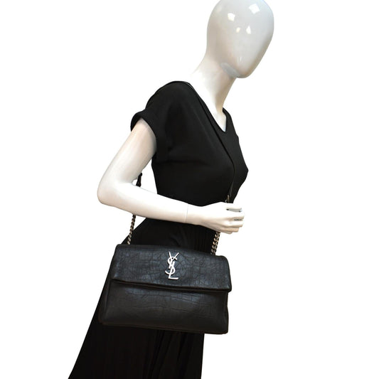 SAINT LAURENT West Hollywood Fold-Over Croc Embossed Crossbody Bag Black