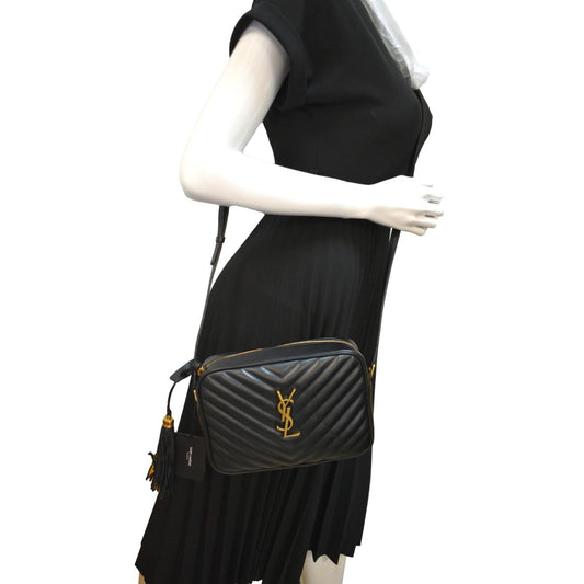 SAINT LAURENT Lou Chevron Leather Camera Crossbody Bag Black