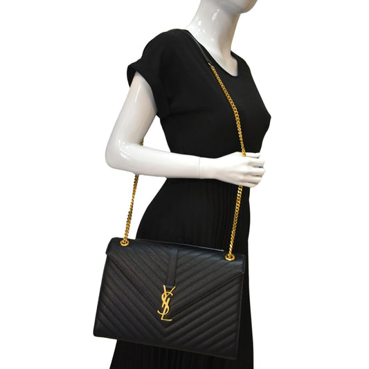 SAINT LAURENT Large Envelope Mix Matelasse Grain De Poudre Chain Shoulder Bag Black