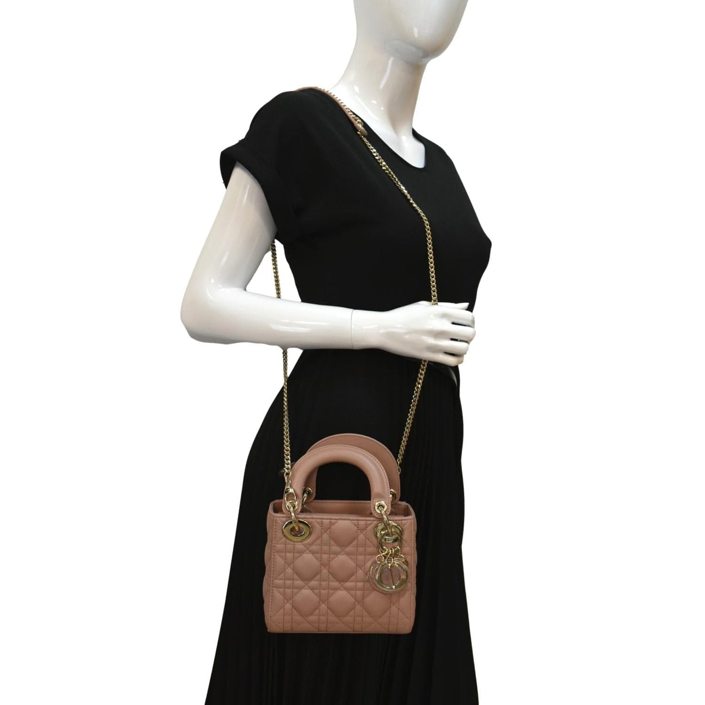 CHRISTIAN DIOR Mini Lady Dior Cannage Calfskin Leather Shoulder Bag Blush