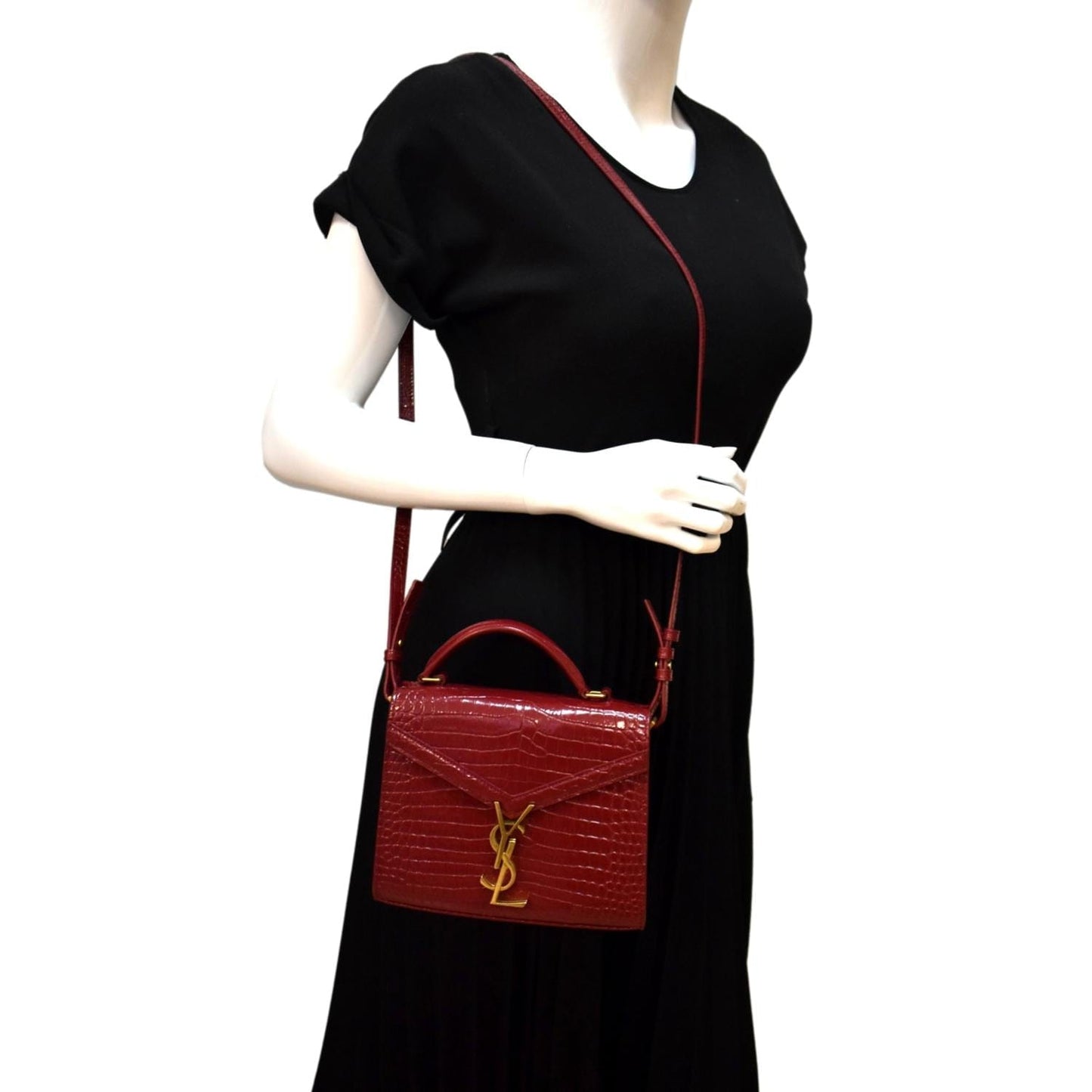 SAINT LAURENT Cassandra Top Handle Embossed Leather Shoulder Bag Red