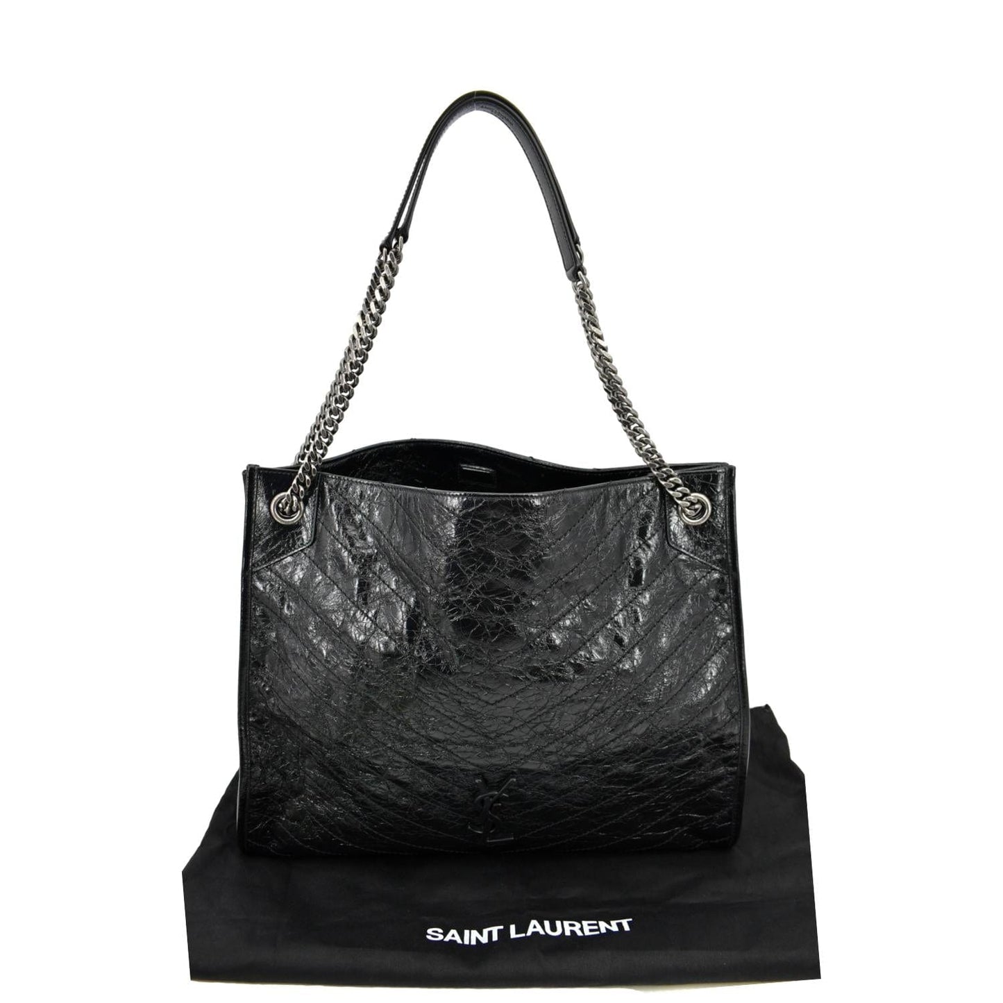 SAINT LAURENT Niki Large Crinkle Leather Shopper Tote Bag Black