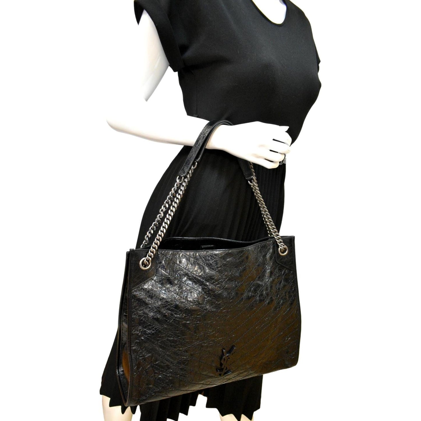 SAINT LAURENT Niki Large Crinkle Leather Shopper Tote Bag Black