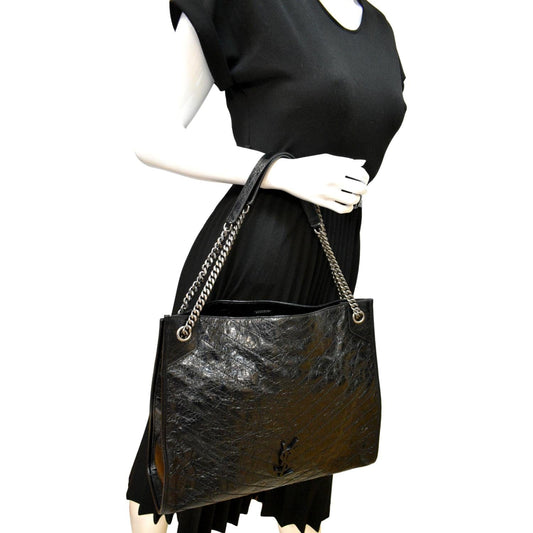 SAINT LAURENT Niki Large Crinkle Leather Shopper Tote Bag Black