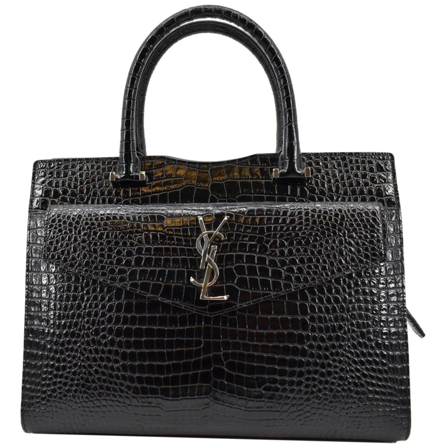 SAINT LAURENT Uptown Crocodile Calfskin Embossed Tote Bag Black
