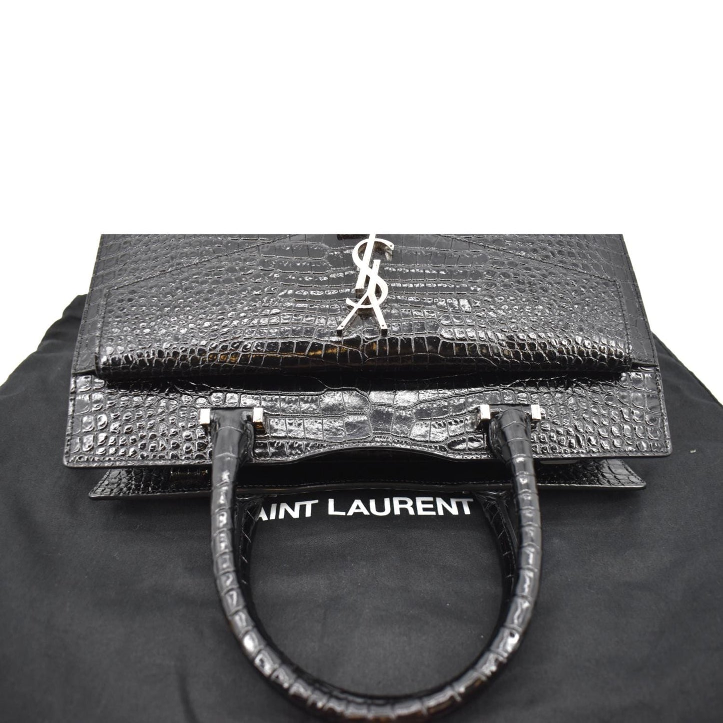 SAINT LAURENT Uptown Crocodile Calfskin Embossed Tote Bag Black