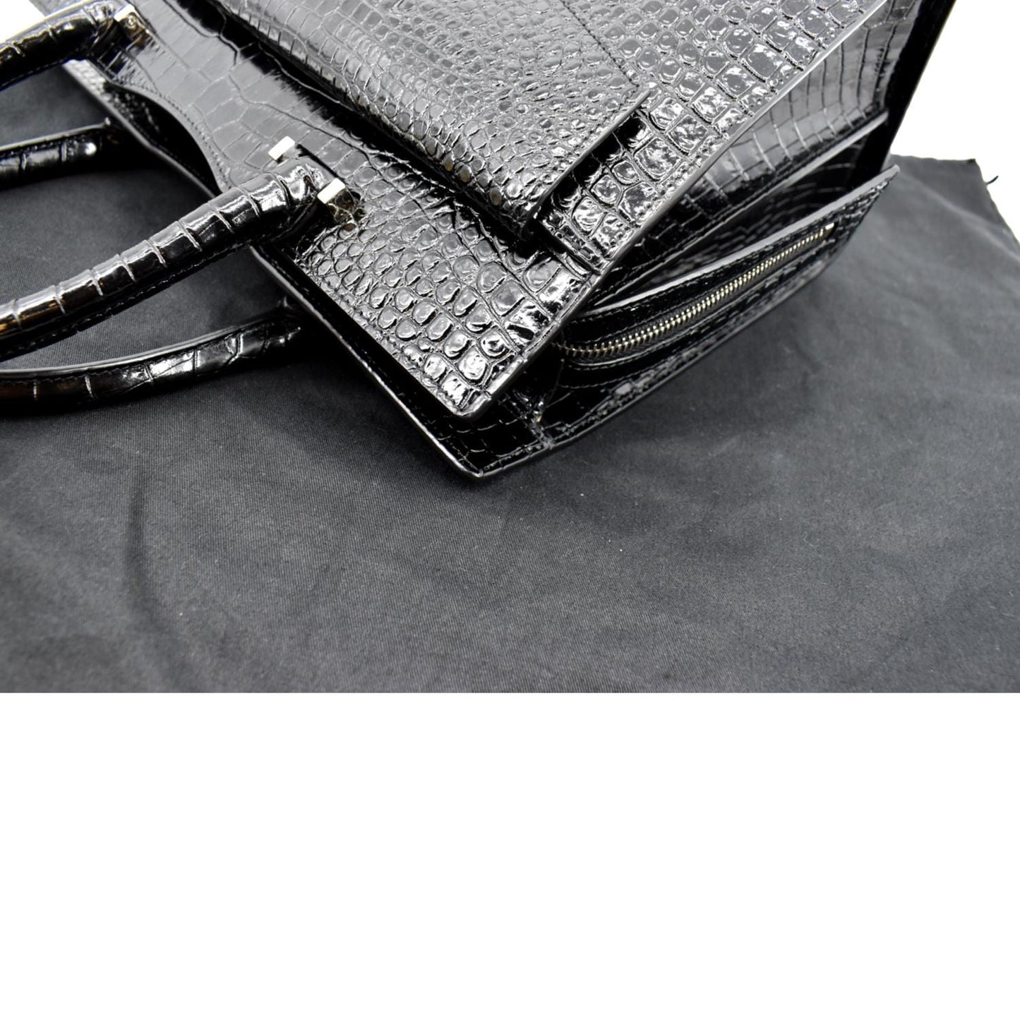 SAINT LAURENT Uptown Crocodile Calfskin Embossed Tote Bag Black