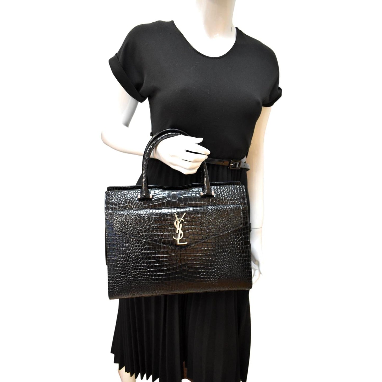 SAINT LAURENT Uptown Crocodile Calfskin Embossed Tote Bag Black