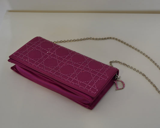 Christian Dior Burgundy Satin Clutch With Rhinestones And Thin Silver Chain