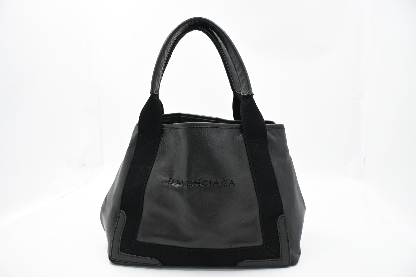 Balenciaga Navy Cabas Small Tote in Black Leather and Canvas