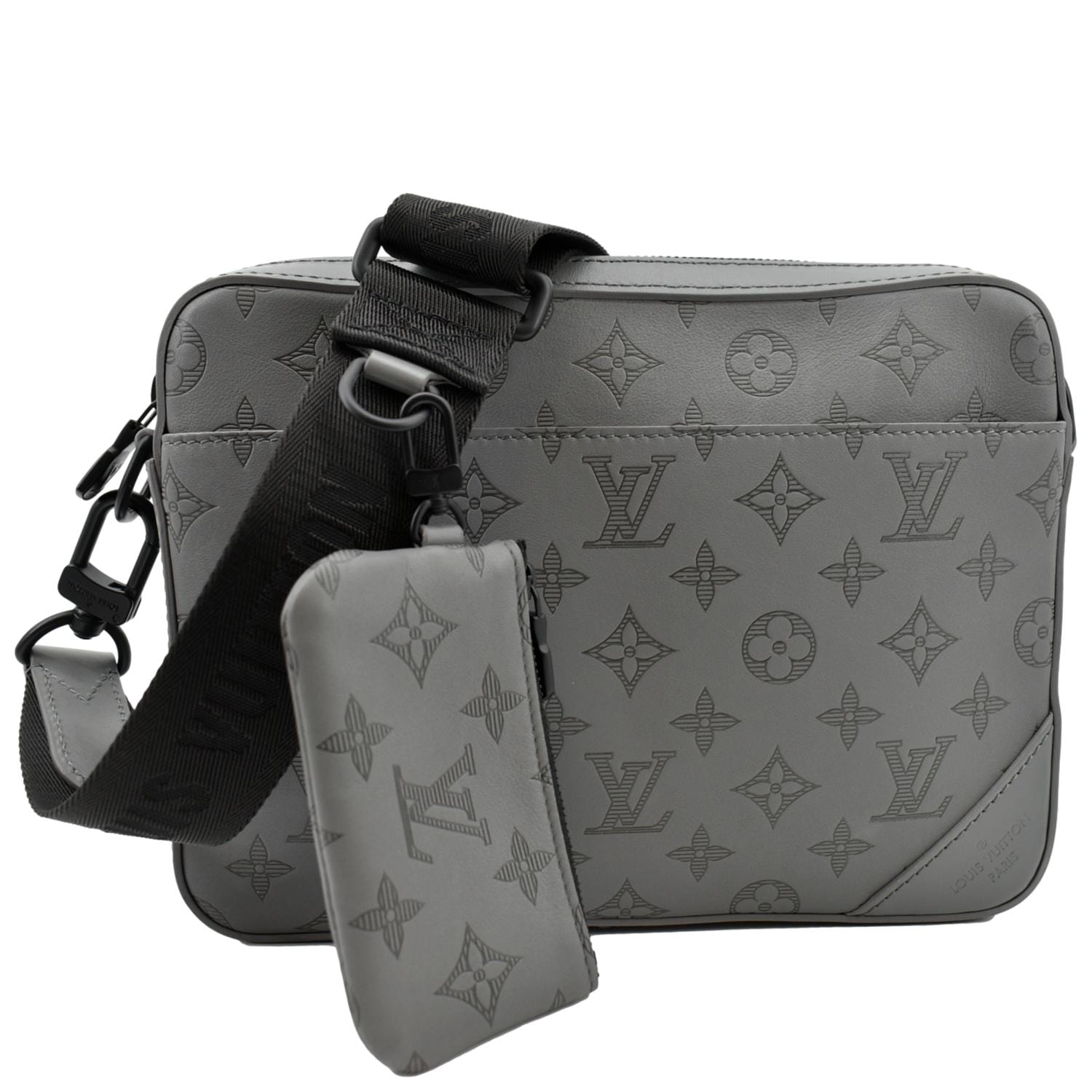 LOUIS VUITTON Duo Messenger Monogram Shadow Leather Shoulder Bag Grey