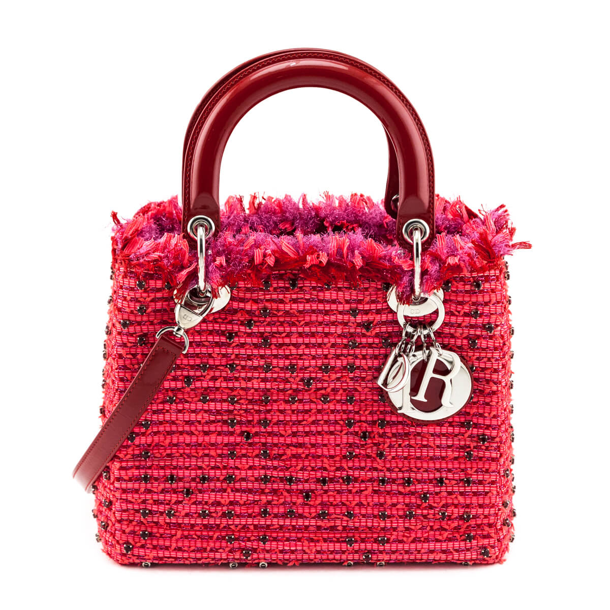 Dior Red Patent & Pink Tweed Embellished Medium Lady Dior Bag