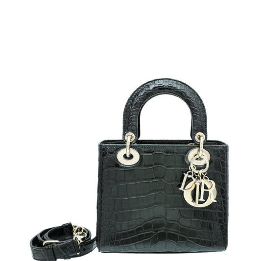 Christian Dior Black Forest Green Lady Dior Alligator Medium Bag