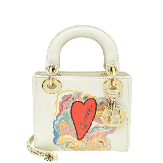 Christian Dior Off White Multicolor Ltd. Ed. Amour Print Chain Mini Lady Dior Bag