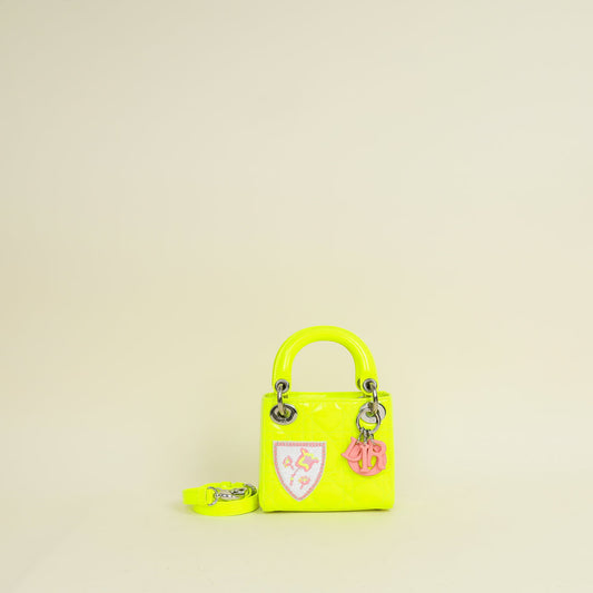 Christian Dior Neon Green Lady Dior Micro with Embroidered Patch Bag