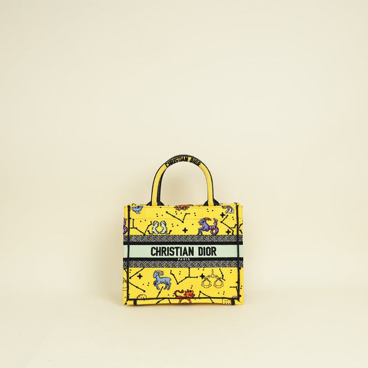 Christian Dior Yellow Multicolor Pixel Zodiac Embroidered Book Tote Small Bag