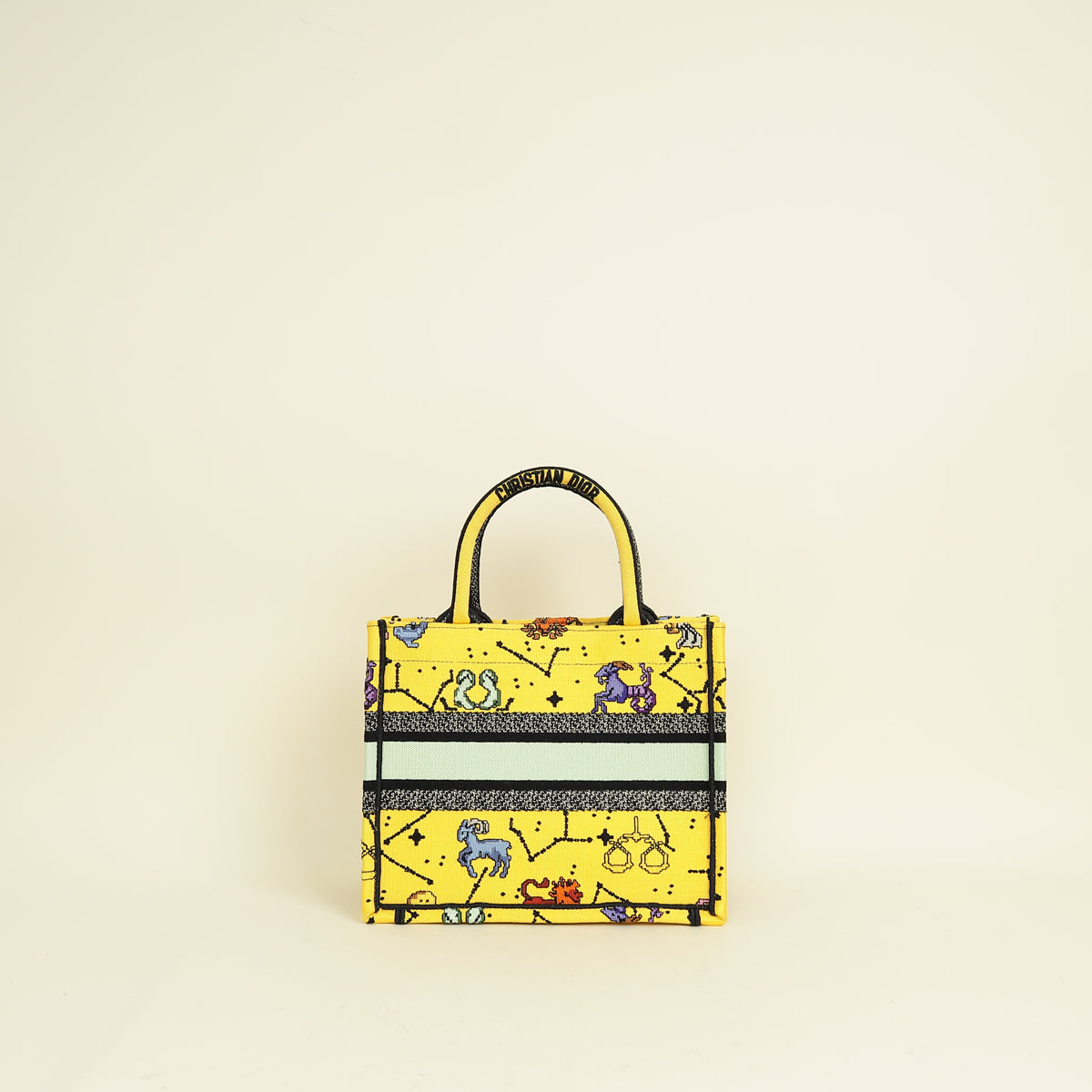 Christian Dior Yellow Multicolor Pixel Zodiac Embroidered Book Tote Small Bag