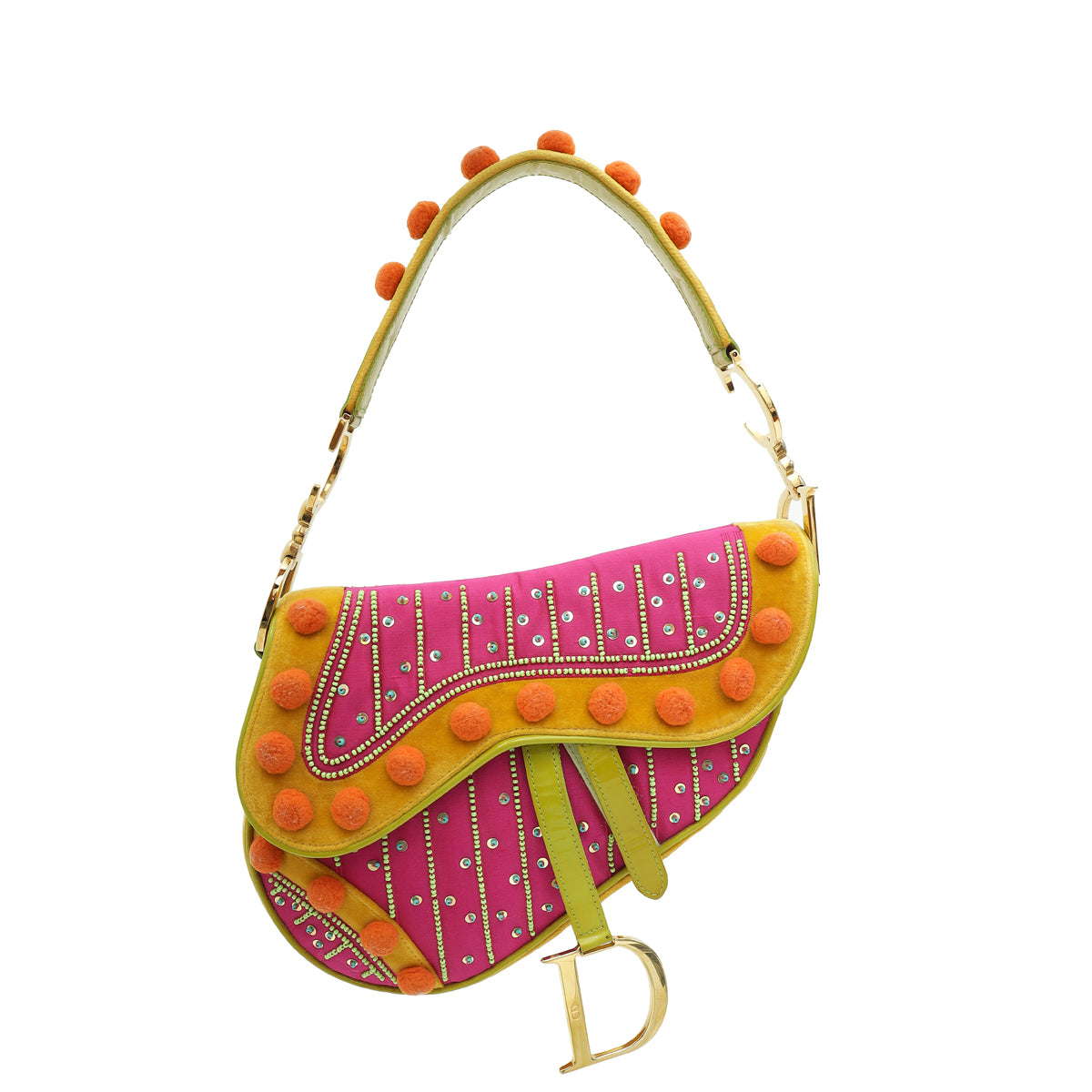 Christian Dior Multicolor L.E Pom Pom Embellished Saddle Medium Bag