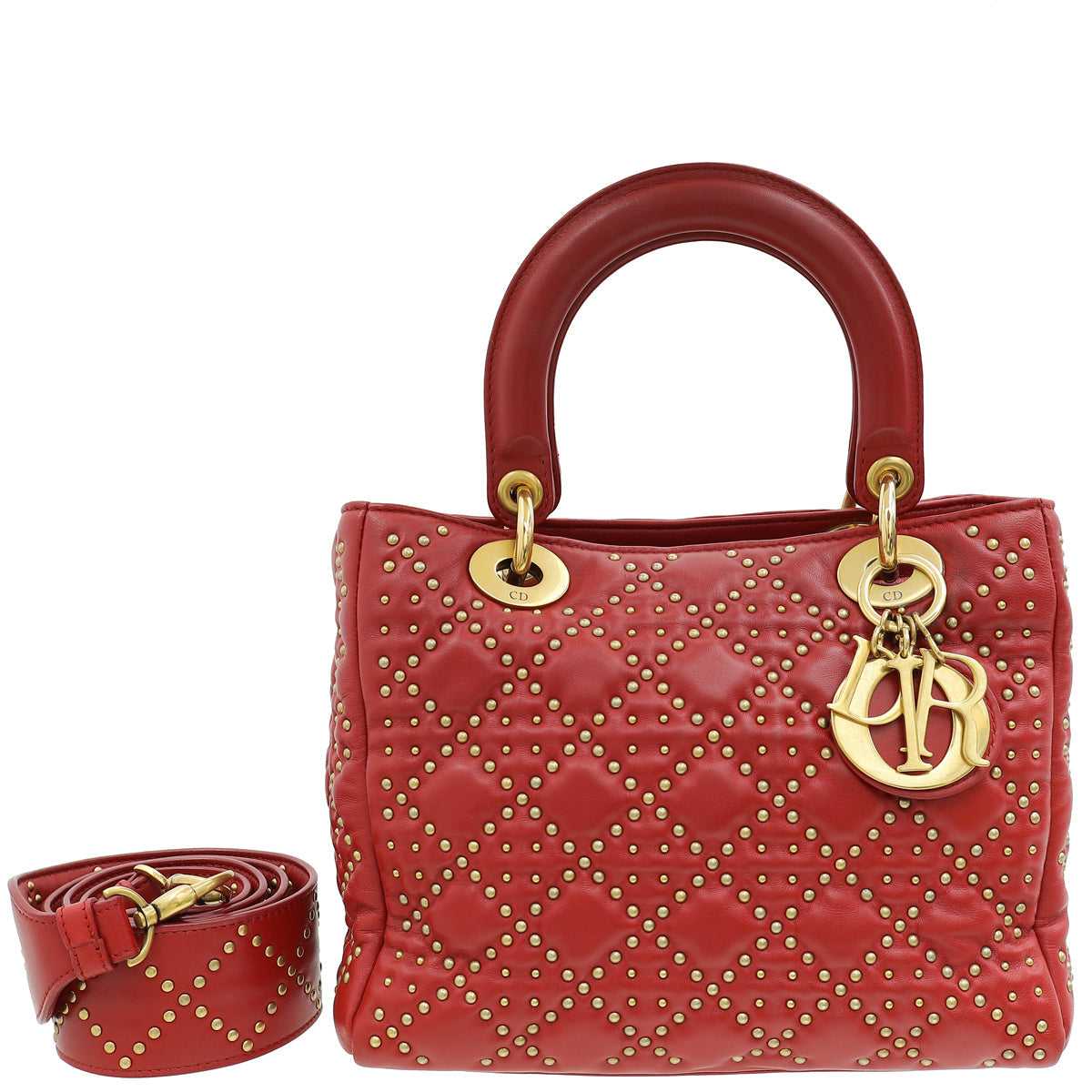 Christian Dior Red Lady Dior Studded Supple Medium Bag