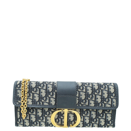 Christian Dior Navy Blue Oblique 30 Montaigne Chain Clutch