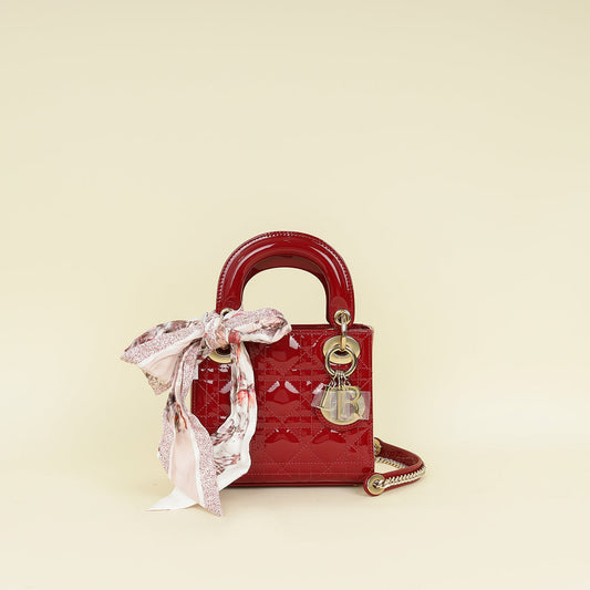 Christian Dior Cherry Red Lady Dior Mini Chain Bag W/ Twilly