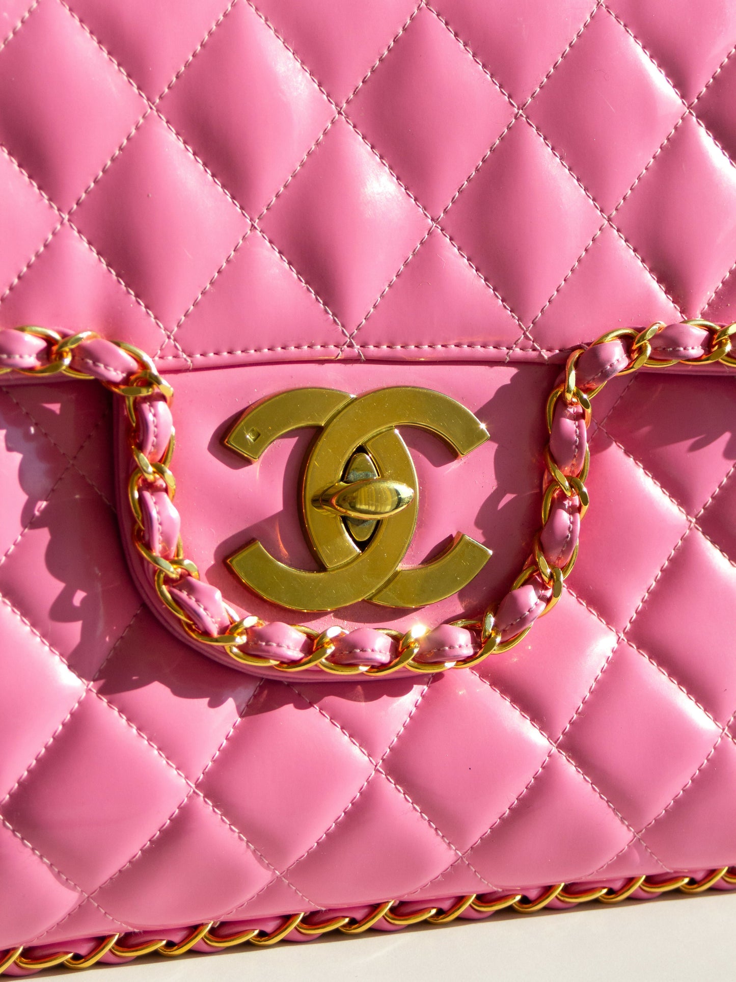 Chanel S/S1995 Barbie Pink 24K Gold Chain Around Patent Lambskin Jumbo XL 95P Bag