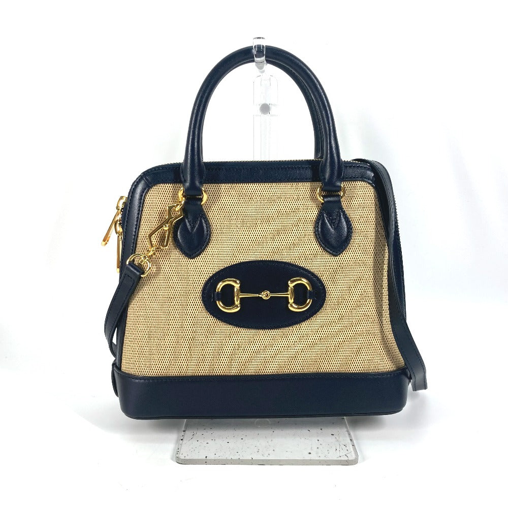 GUCCI Handbag 621220 Canvas leather beige x dark navy Horsebit 1955 Small top handle Women