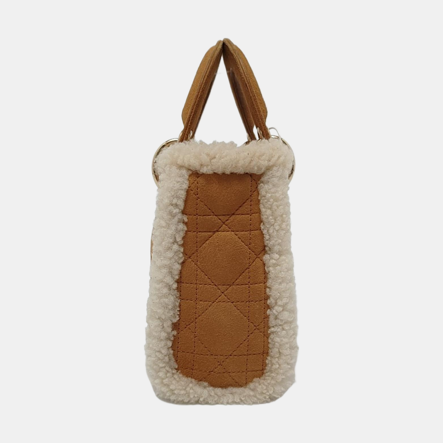 Lady Dior Mini Handbag Brown Leather Shearling Gold Hardware