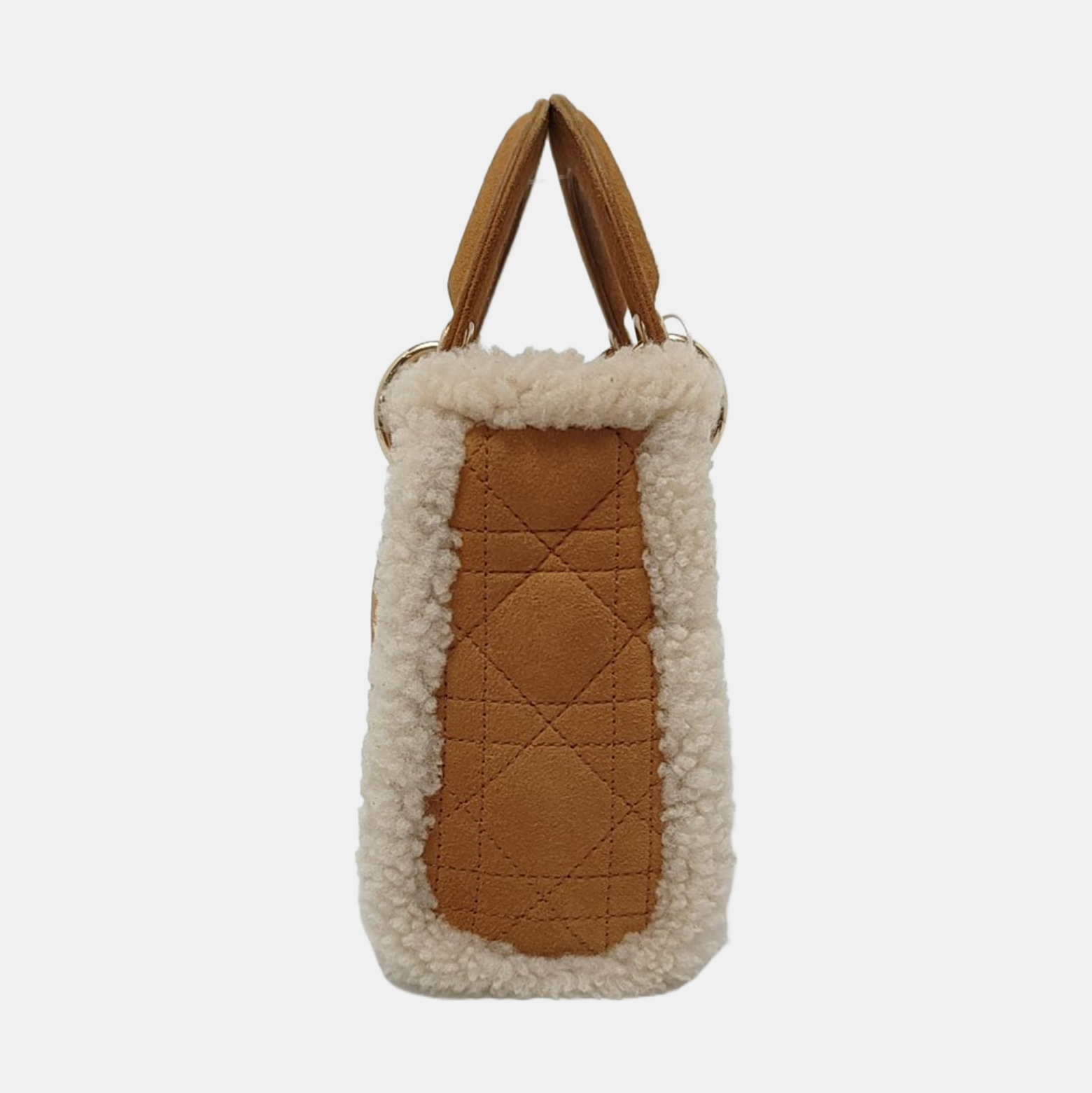 Lady Dior Mini Handbag Brown Leather Shearling Gold Hardware