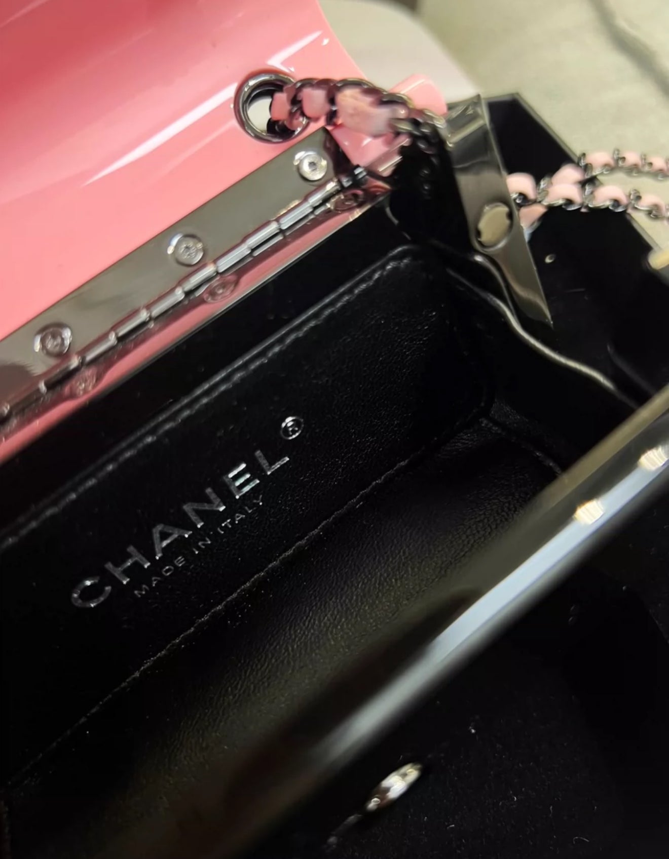 CHANEL 21K PINK BLACK MINI EVENING PLEXI BAG