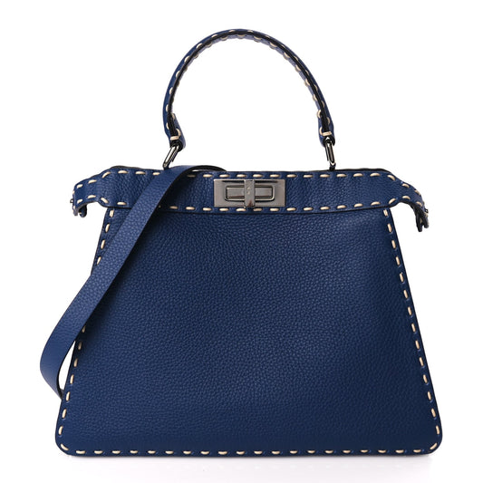 Fendi Vitello Granato Camoscio Selleria Macro Stitchings Medium Peekaboo I SEE U Satchel Blue Cyan