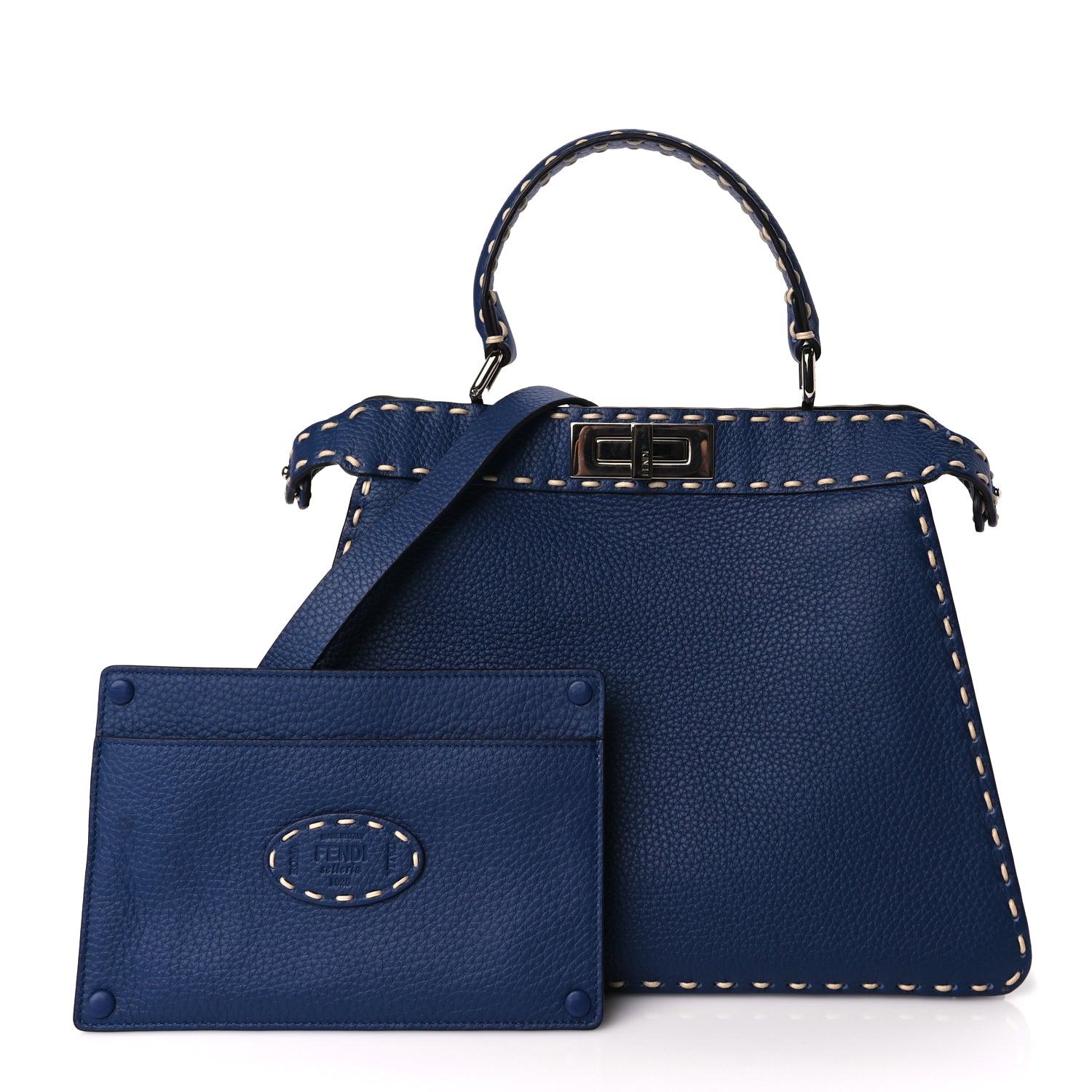 Fendi Vitello Granato Camoscio Selleria Macro Stitchings Medium Peekaboo I SEE U Satchel Blue Cyan