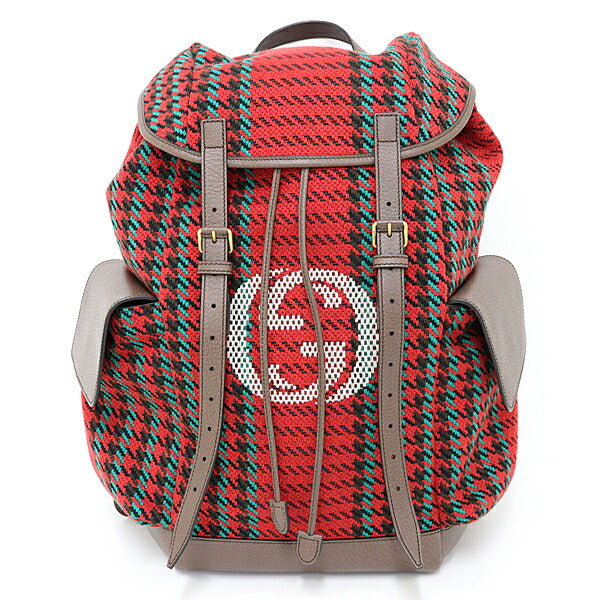GUCCI Backpack 625939 wool Red Houndstooth and Stripe Backpack with Interlocking G
