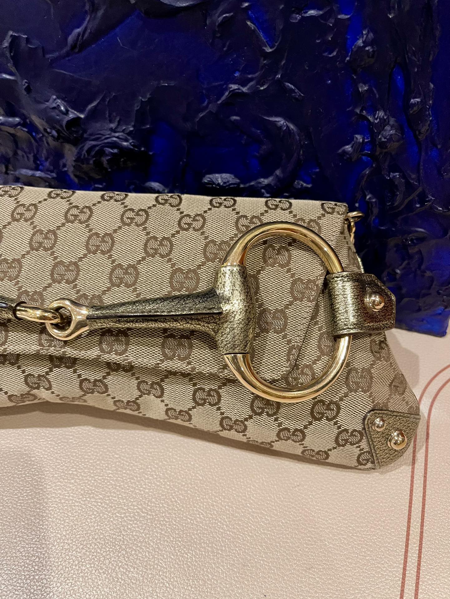 Gucci Horsebit 1955 Large Cloth Beige Monogram Gold Leather Shoulder bag