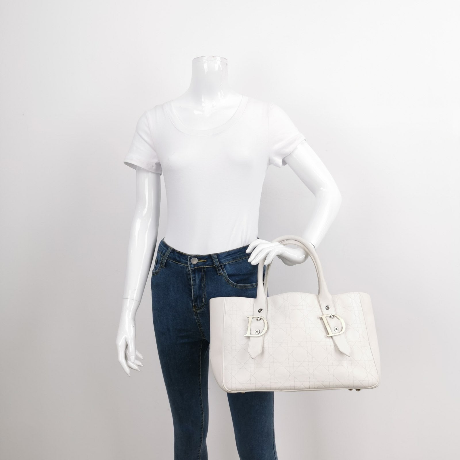 Dior Cannage Leather Tote Bag White 2005 with Silver Hardware