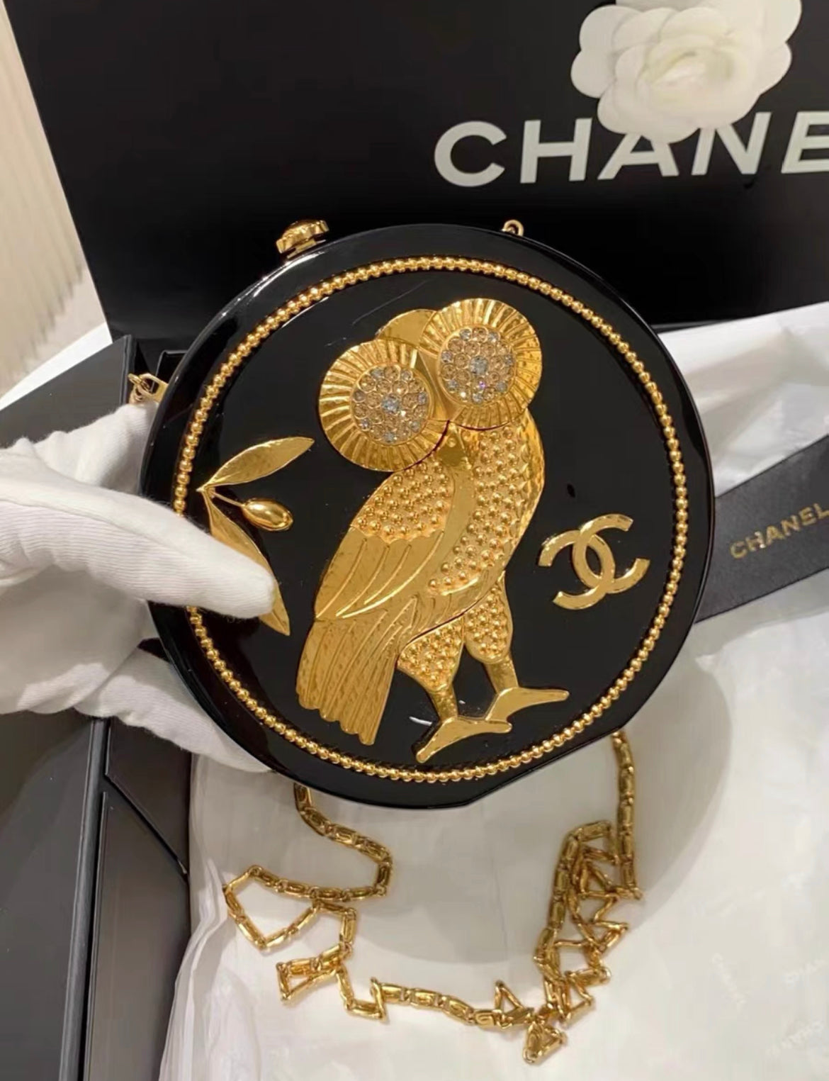 Chanel MinaudiÃ¨re Limited Edition Black Plexiglass & Gold Owl Gold-Tone Hardware