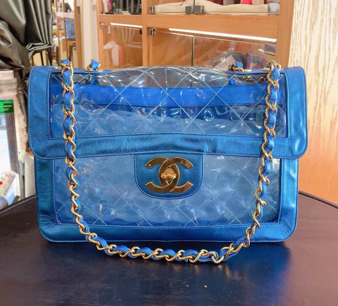CHANEL 95P "BARBIE" MAXI FLAP METALLIC BLUE BAG 24K GHW CLASSIC PCI