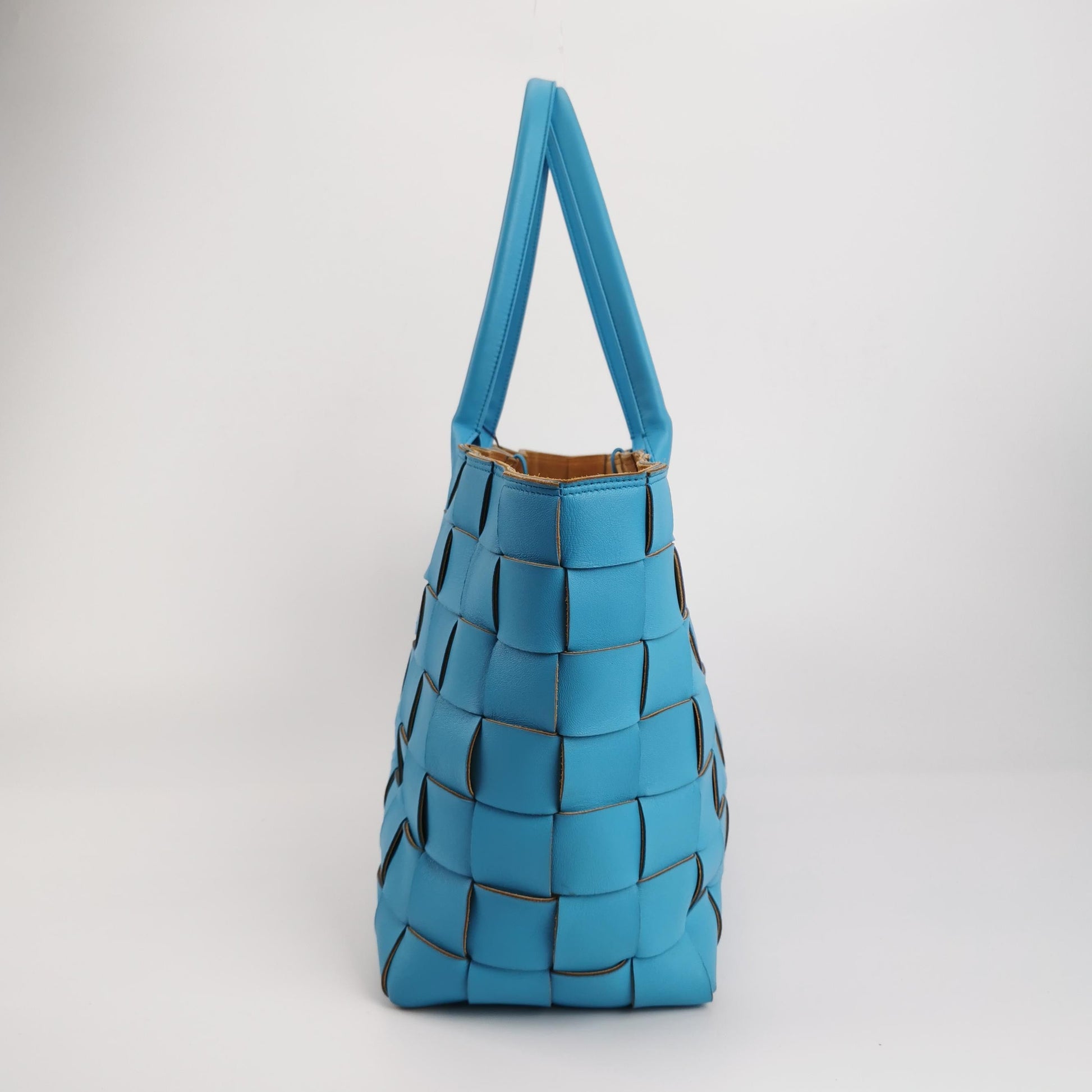 Bottega Veneta Cabat Large Blue Wide Intreccio Leather Brown Suede Tote Bag