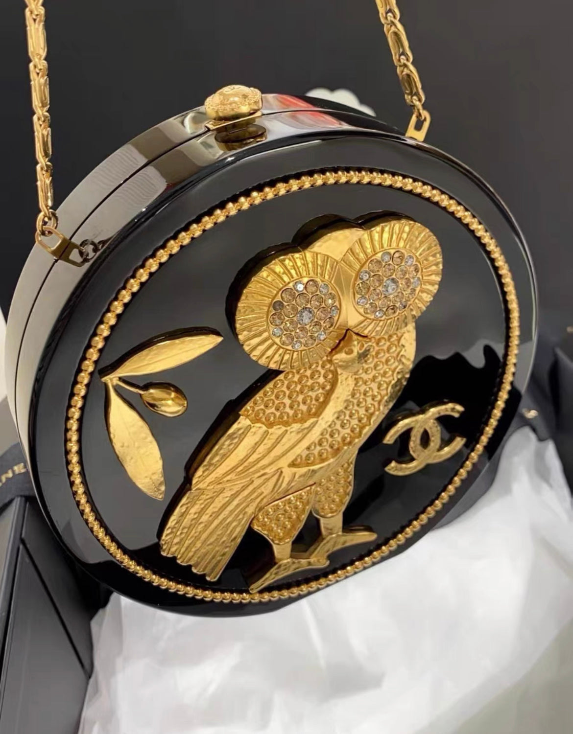 Chanel MinaudiÃ¨re Limited Edition Black Plexiglass & Gold Owl Gold-Tone Hardware