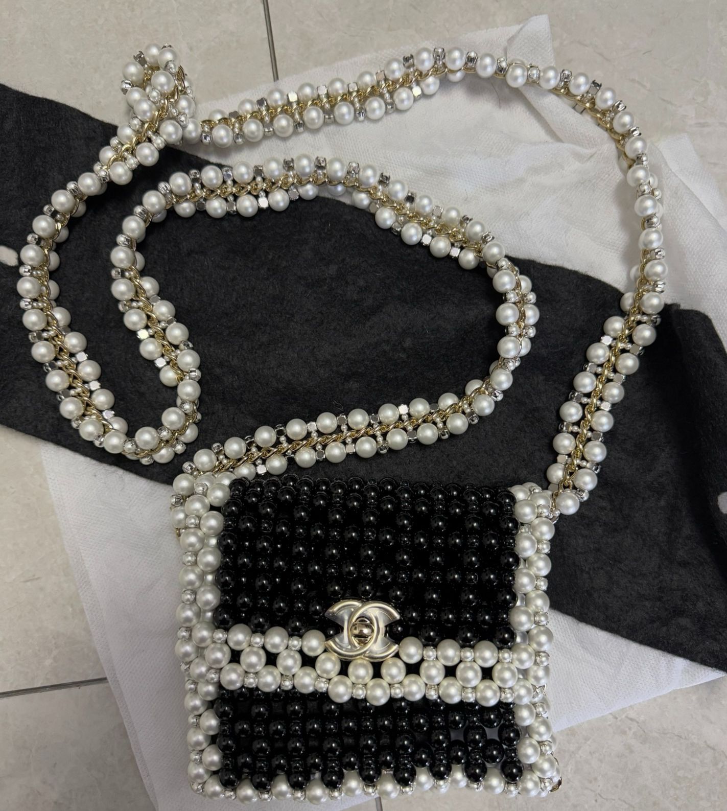 Rare CHANEL 2022 SS BLACK & WHITE FAUX PEARLS LARGE FLAP EVENING BAG WITH GOLD HARDWARE