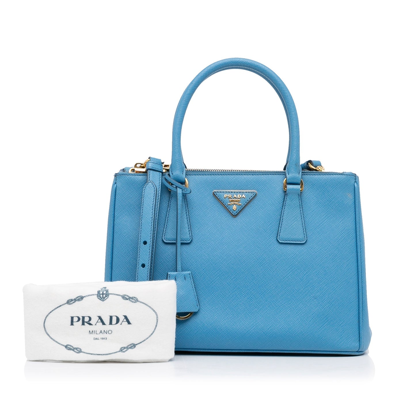 Prada Double Zip Galleria Medium Blue Saffiano Luxury Handbag