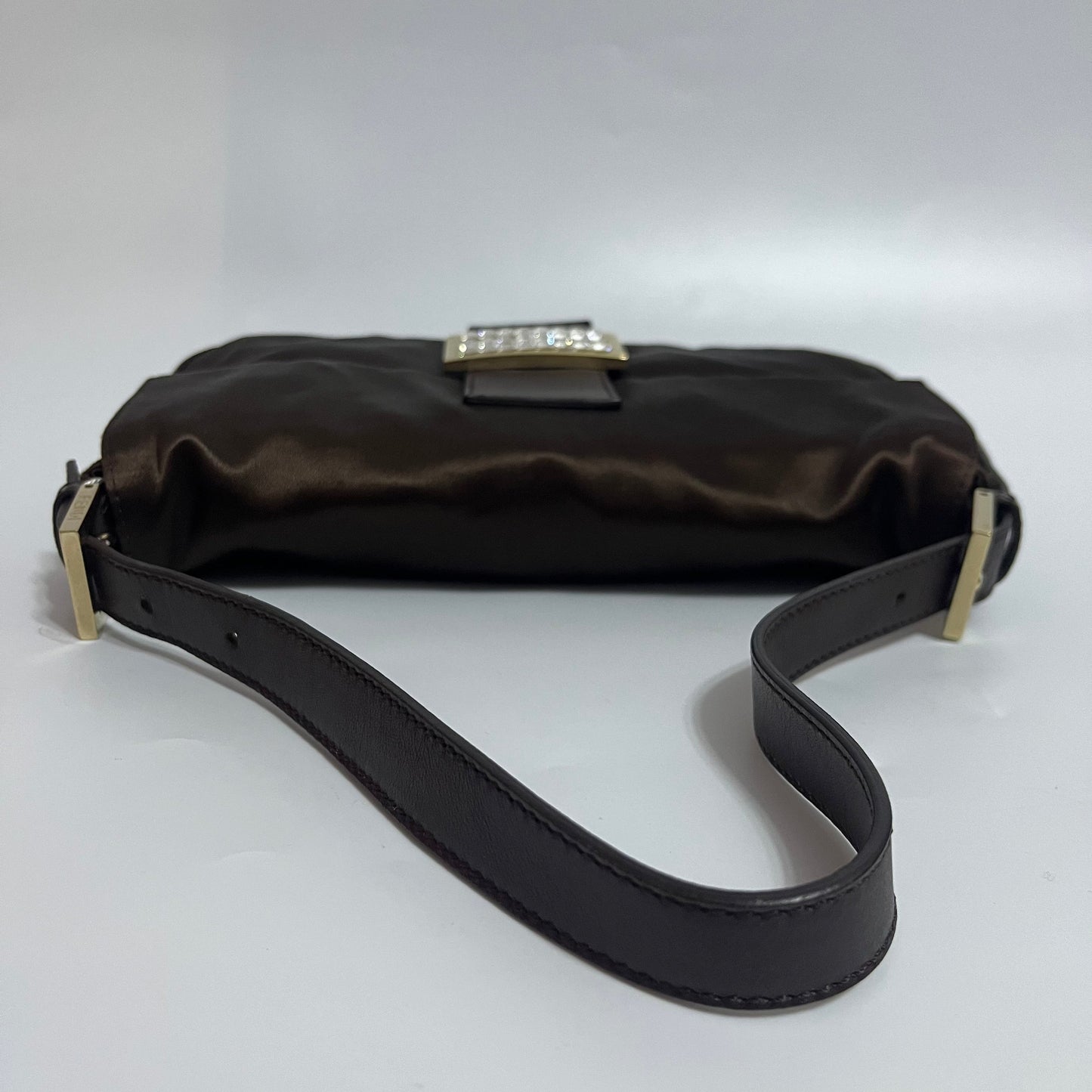 FENDI Baguette Brown Silk Satin with Crystal Buckle Shoulder Bag