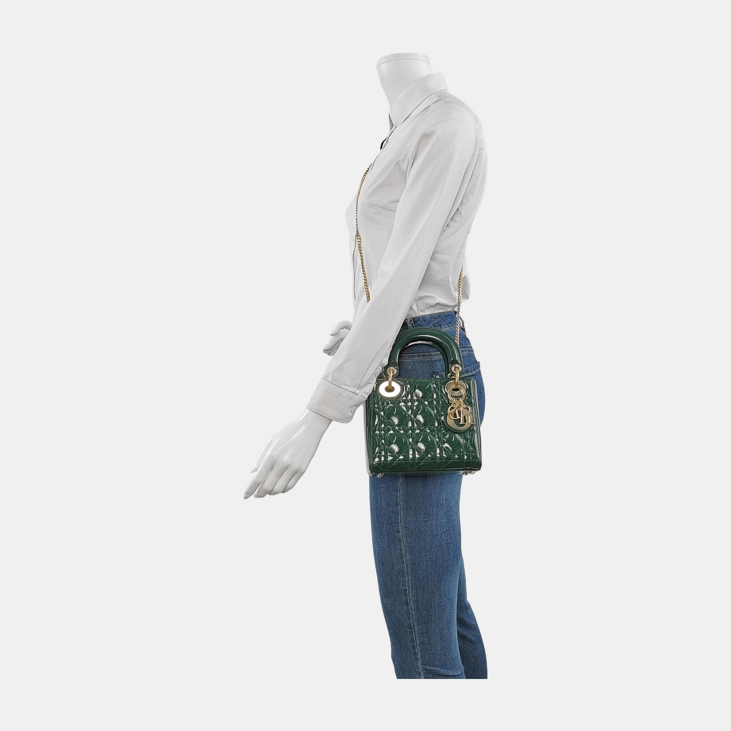 Lady Dior Mini Dark Green Patent Leather Bag with gold hardware Chain Strap