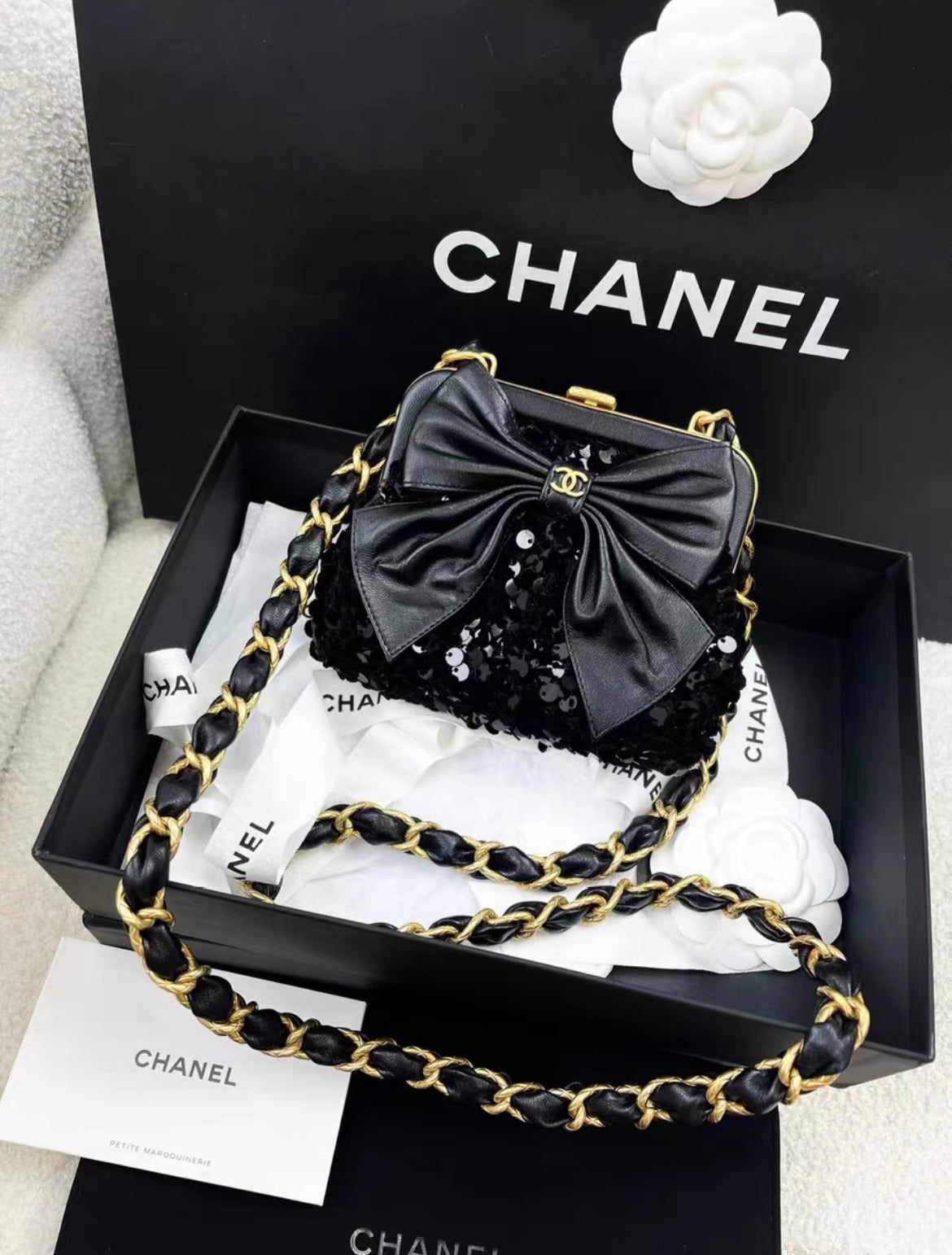 Chanel Metiers d Art 24A Black Sequin tweed Evening Mini Clutch Bag With Bow