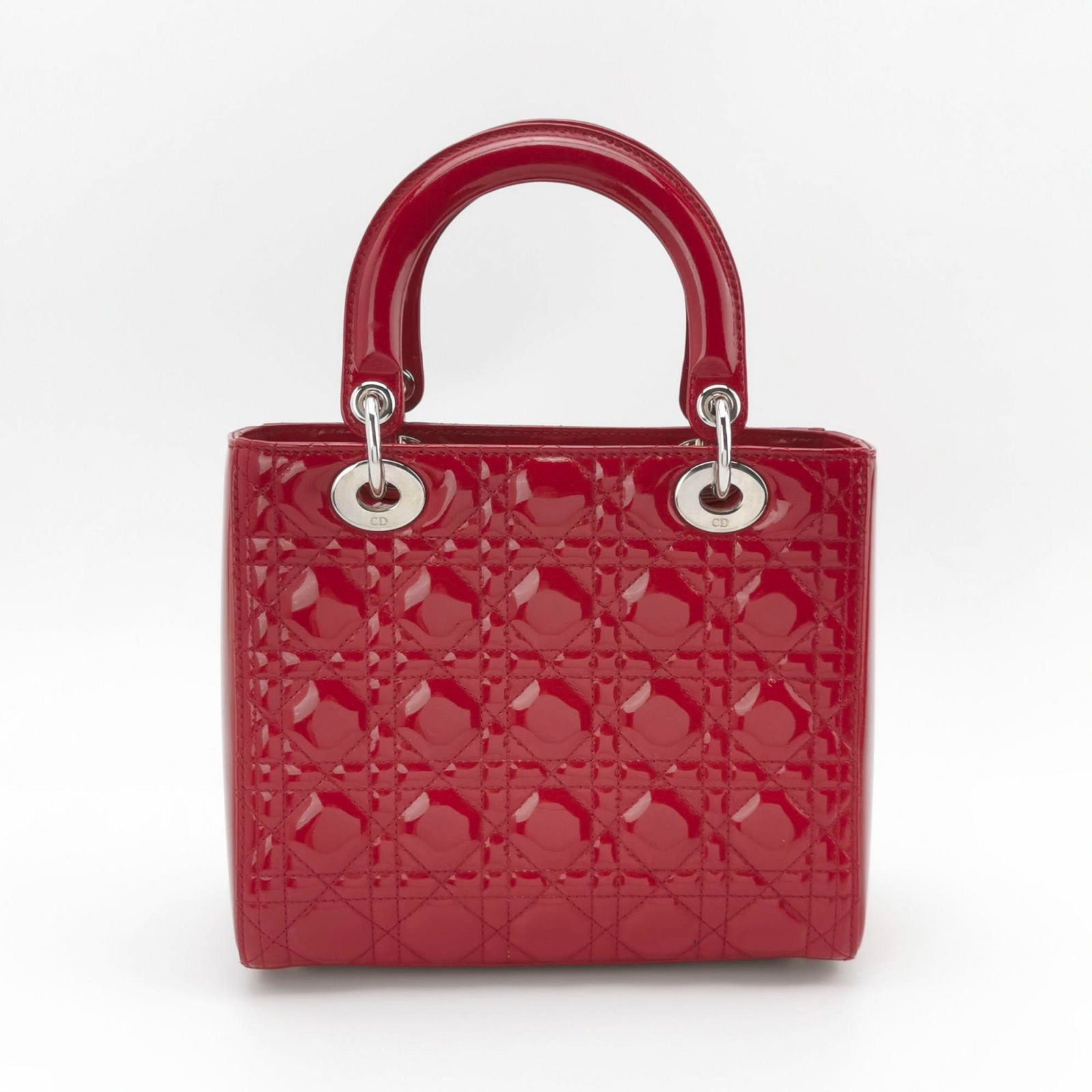 Lady Dior Medium Red Burgundy Patent Leather Handbag Silver Hardware