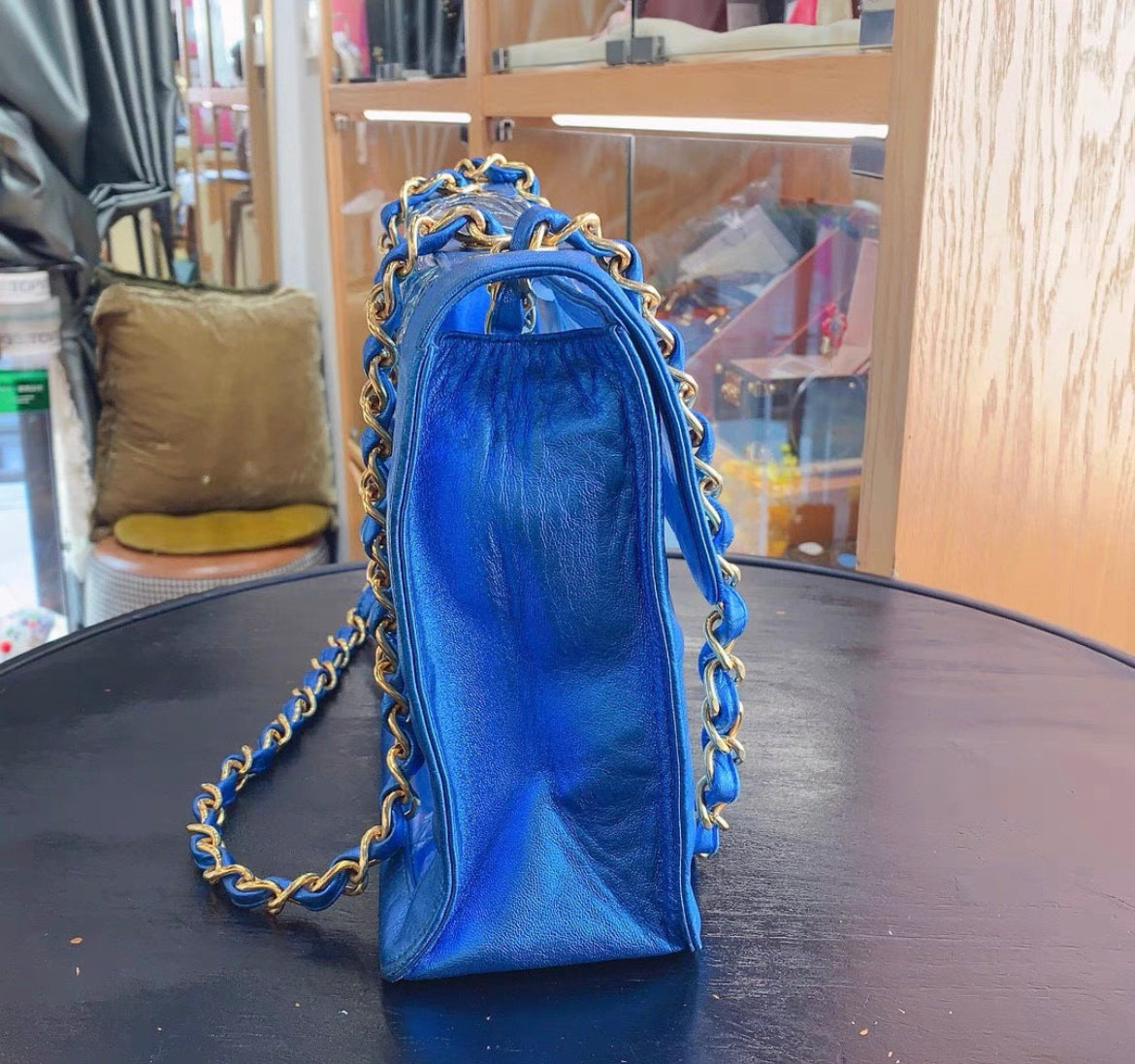 CHANEL 95P "BARBIE" MAXI FLAP METALLIC BLUE BAG 24K GHW CLASSIC PCI